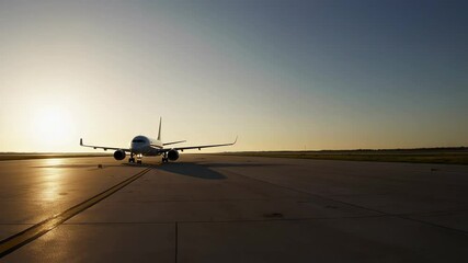 Aufkleber - Passenger airplane parked on runway during golden hour, sunlight casting long shadows across tarmac before international flight departure