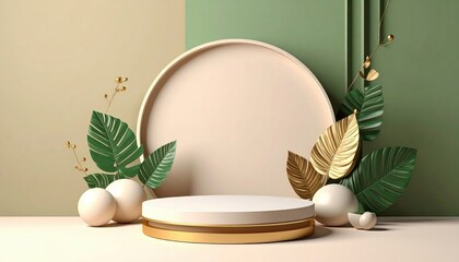 Poster - Stylish minimalist display setup with green and gold accents indoor studio photography showcase modern aesthetic elevated perspective
