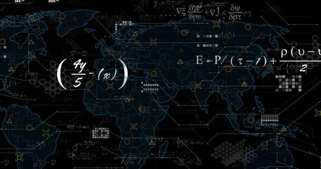 Poster - On launch, neon-blue world map expanding with formulas appearing and icons filling map showing data
