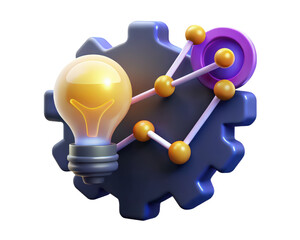 Poster - Innovative 3d render of a bright lightbulb idea connected to a gear network symbolizing creative process and strategic planning for business success and technological on transparent background icon