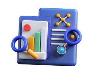 Fototapete - Colorful 3d render of data analysis tools with charts and magnifying glasses representing business intelligence and research for effective strategic planning and decision on transparent background web