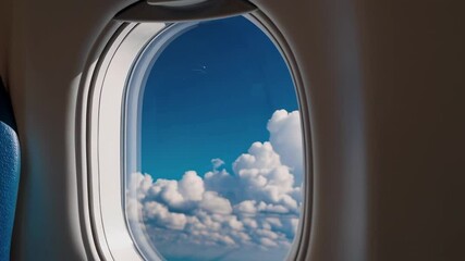 Poster - Aerial perspective capturing expansive cloudscape from passenger airplane window, revealing stunning blue sky and white cumulus formations during high altitude journey