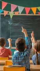 Aufkleber - Elementary school students actively participating, raising hands attentively while sitting at desks, responding to teacher's classroom instruction with eagerness