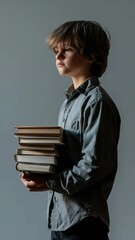 Aufkleber - Young pupil holding a stack of books, gazing thoughtfully away in a vibrant classroom, capturing the essence of back to school spirit and a deep passion for learning