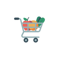 Fototapete - Stylized illustration of a shopping cart filled with fresh produce including an apple peaches and leafy greens isolated on transparent background