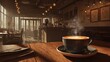 © mangolovemom - A cozy coffee shop interior bathed in warm sunlight with a steaming cup of coffee on a wooden table in the foreground.