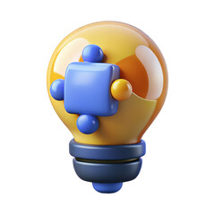 Poster - Abstract 3d render of a yellow light bulb with blue puzzle pieces representing teamwork innovation and creative solutions for business success and problem solving a bright on transparent background