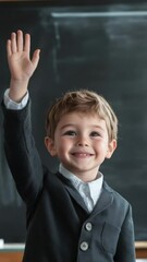 Aufkleber - Smart young pupil eagerly raising hand in an elementary school classroom, demonstrating enthusiasm for learning and active participation while engaging with the teacher's question
