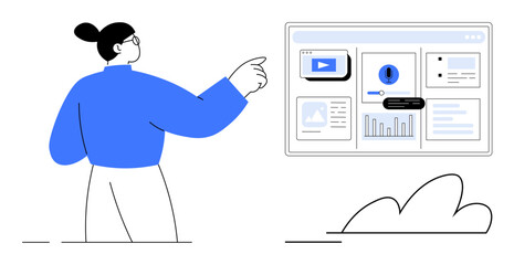 Poster - Woman reviewing an interactive web dashboard with charts, media, and data insights. Ideal for analytics, business, technology, education, planning teamwork strategy. A simple flat metaphor
