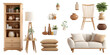 © doublearl - Minimalist Wooden Furniture, Sofa, Decor Vases, Plants and Accessories on White Background