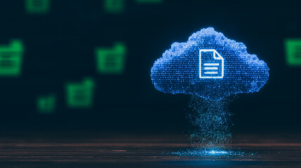 Poster - Cloud Data Storage: A futuristic depiction of data security, featuring a digital cloud formation encompassing a document icon, with other digital data file folder icons floating in the background.
