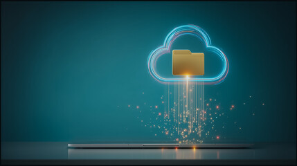 Poster - Cloud Data Upload: A digital representation of data transfer and online storage, visualizing a cloud icon above a tablet, symbolizing the modern cloud computing and digital era.