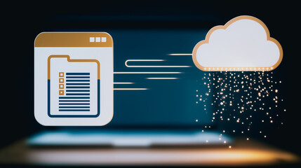 Poster - Cloud Data Transfer: Secure data transfer to cloud storage, symbolized by document icon moving to cloud icon. Shows fast and secure data transfer.