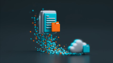Aufkleber - Cloud Document Storage: An artistic rendering of data documents floating toward a cloud, illustrating the concept of safe cloud storage and effortless data transfer.