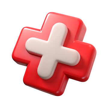 A red 3d plus sign with a white center is isolated on transparent background