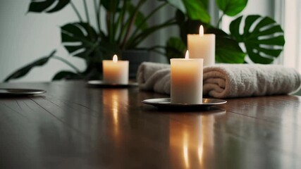Aufkleber - Warm candlelight illuminates a wooden table, reflecting the soft glow on the surface, next to a neatly folded white towel and a monstera deliciosa plant, creating a tranquil spa atmosphere