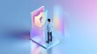 © Natha - Isometric 3D of a man standing in front of a large smartphone displaying a glowing security shield icon with a keyhole suggesting secure mobile access and digital identity protection