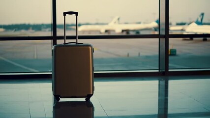 Poster - Gray rolling suitcase stands alone in empty airport terminal near large windows, with blurred airplanes visible on tarmac outside, evoking feelings of travel and anticipation