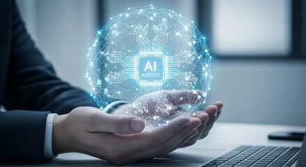Poster - Hands gently cradle glowing AI sphere, circuit board design, symbolizing AI control, innovation, and technological advancement