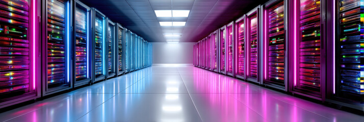 Poster - Data center corridor with colorful illuminated server racks on both sides, creating futuristic and vibrant atmosphere
