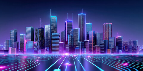 Poster - Futuristic city skyline with neon lights and digital circuit patterns glowing in purple and blue tones, creating vibrant cyber atmosphere
