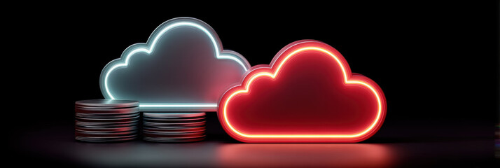 Poster - Neon cloud icon with stacks of coins on dark background, symbolizing digital currency and cloud computing technology