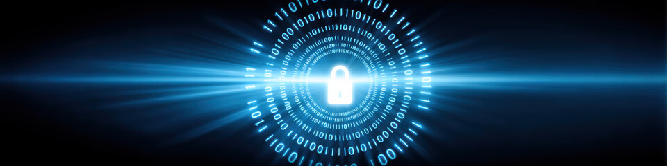 Poster - Digital security concept with glowing lock icon surrounded by binary code and blue light beams, symbolizing data protection and cybersecurity