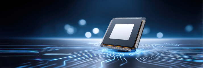 Poster - Microchip on glowing circuit board with futuristic blue light and digital technology background, symbolizing innovation and advanced electronics
