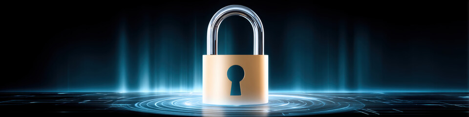 Poster - Locked padlock with digital security concept and blue light effect, symbolizing protection and cybersecurity in technology