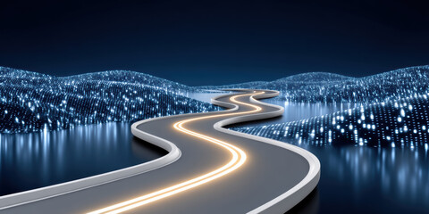 Poster - Winding road with glowing lines surrounded by digital hills under dark sky, creating futuristic and dynamic atmosphere