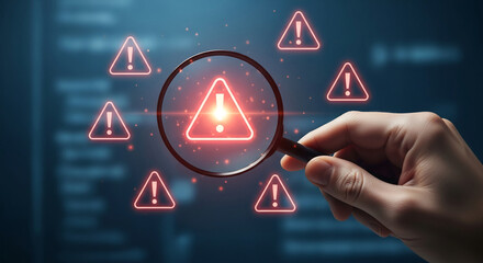 Poster - Hand holding magnifying glass focusing on red warning sign, surrounded by similar icons, symbolizing problem detection, risk assessment, or cybersecurity analysis
