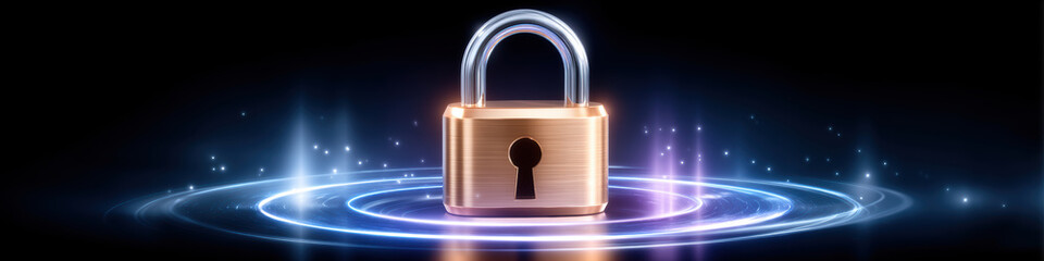 Poster - Locked padlock with glowing digital rings and sparkles, symbolizing secure technology and data protection in futuristic style
