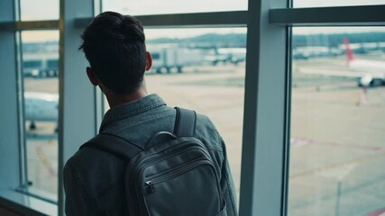 Aufkleber - Young tourist standing near airport window, gazing at departing airplanes while waiting to board flight, embodying travel anticipation and wanderlust
