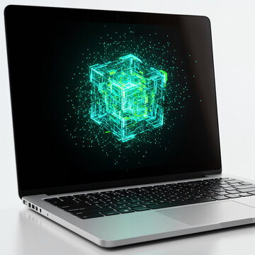 Laptop screen showing digital cube isolated on transparent background