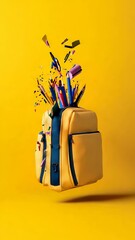 Poster - Yellow backpack floating amid a burst of colorful school supplies like pencils, pens, and erasers against a vibrant yellow backdrop, creating an exciting back to school scene
