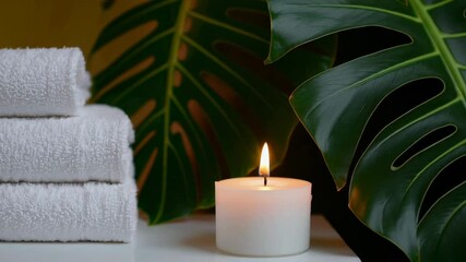 Aufkleber - Pristine white towels neatly stacked beside softly burning candle and tropical monstera leaf, embodying serene wellness sanctuary and relaxation ambiance