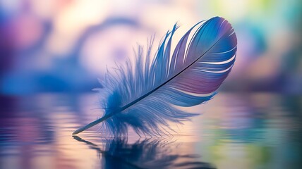 Poster - Iridescent blue feather floating on water purple