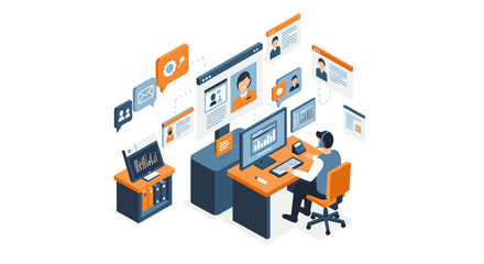 Poster - Remote work communication vector illustration for business design in isometric style