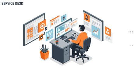 Poster - Customer support service desk vector illustration for business technology design in isometric style