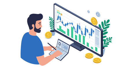 Poster - Financial analysis vector illustration - businessman with laptop analyzing stock market data - isometric design for posters and banners