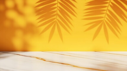 Poster - Yellow studio backdrop with palm leaf shadows and marble surface orange bright