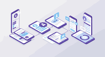 Poster - Isometric mobile app workflow vector illustration for user interface design and development