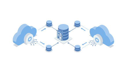 Poster - Cloud data management vector illustration: network connectivity and security design for web or print in isometric style