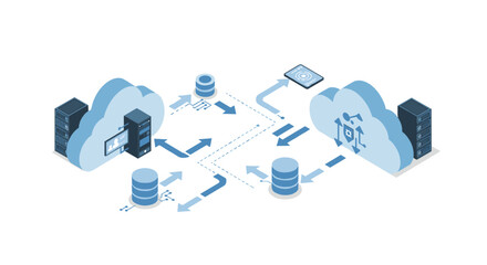 Poster - Cloud computing network diagram vector illustration for it infrastructure design in isometric style