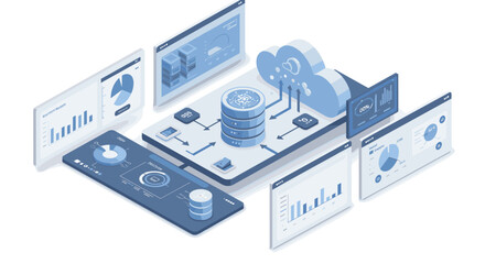 Poster - Isometric cloud data management vector illustration for web design and digital marketing