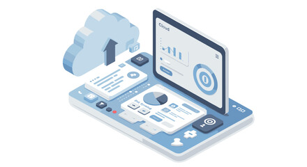 Poster - Blue isometric data analysis and cloud storage vector illustration for tech poster or web design