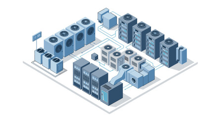 Poster - Isometric data center cooling system vector illustration for tech design