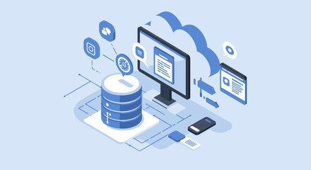 Poster - Cloud data storage and management vector illustration for tech design in isometric style
