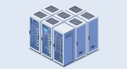 Poster - Isometric data center server rack vector illustration for technology design