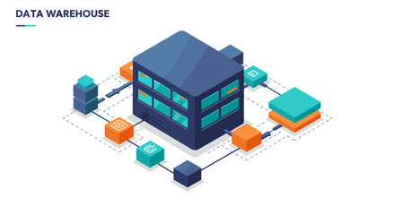 Poster - Data warehouse vector illustration, isometric style for technology and business design